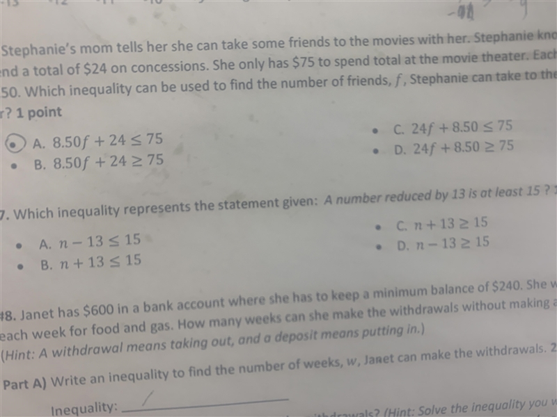 #7. Which inequality represents the statement given: A number reduced by 13 is at-example-1