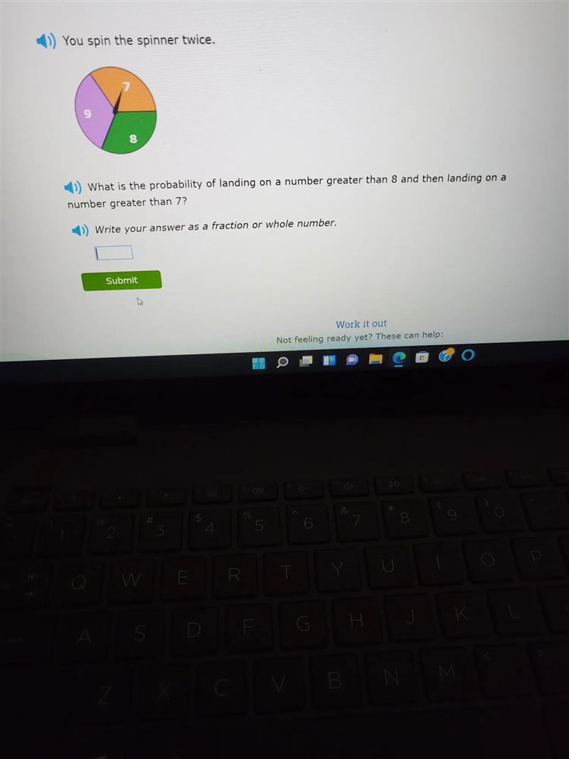 You spin the spinner twice what is the probability of landing on a number greater-example-1