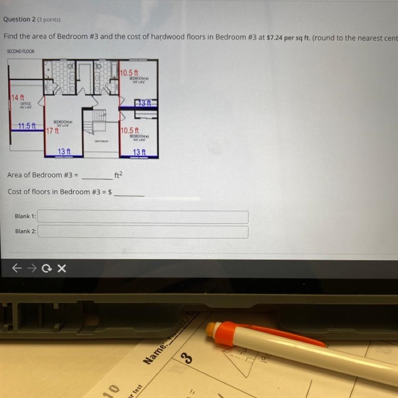 Find the area of Bedroom #3 and the cost of hardwood floors in Bedroom #3 at $7.24 per-example-1