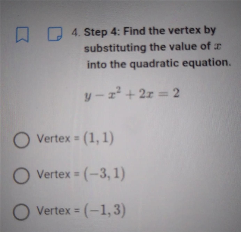 Find the vertex by substituting the value of x into the quadratic equation.-example-1