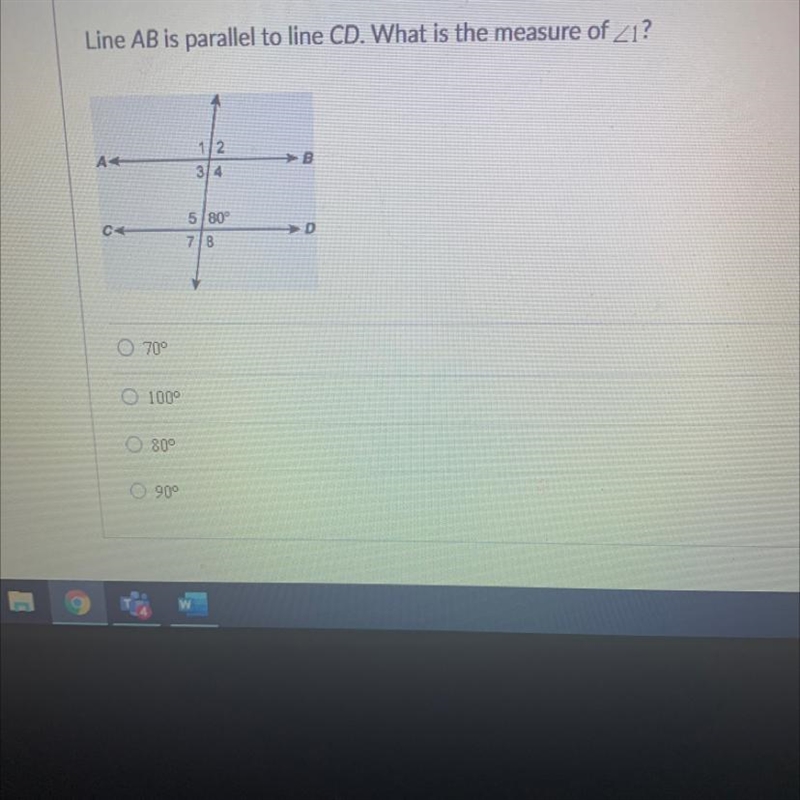 Line AB is parallel to line CD. What is the measure of Z1?1/2BA3/45 80°7/8→D-example-1