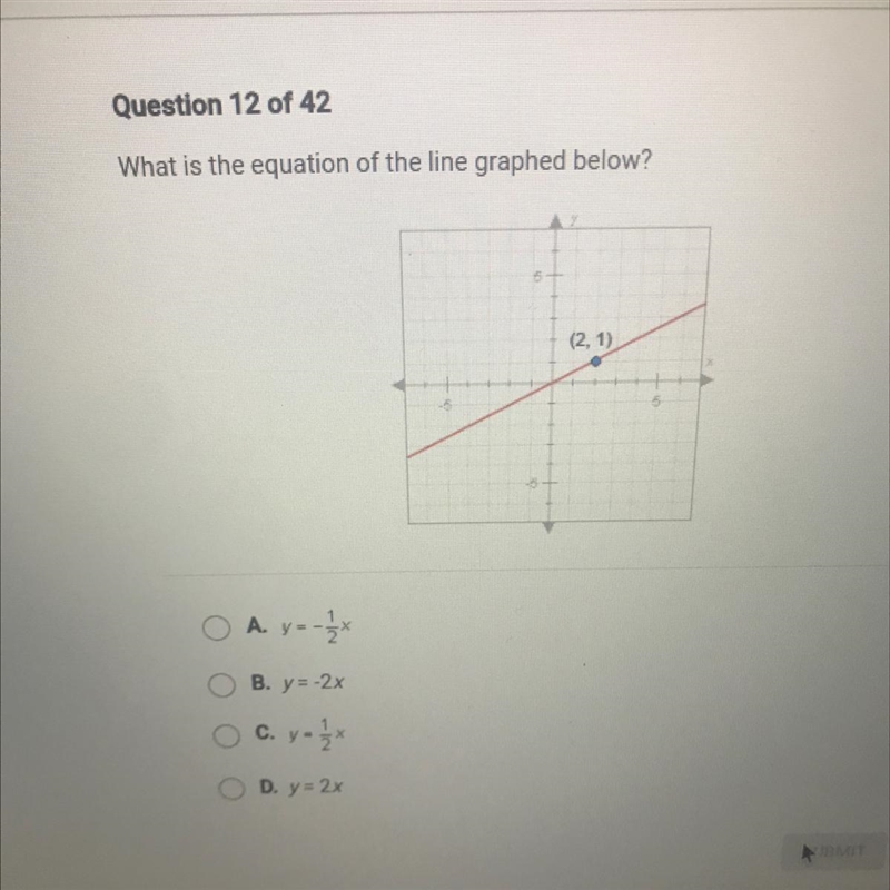 What is the equation of the line graphed below?(2.1)O A. y = - 2xB. y = -2xC. y = 1/2D-example-1