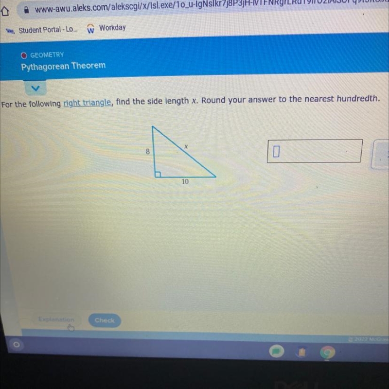 |Pythagorean TheoremFor the following right triangle, find the side length x. Round-example-1