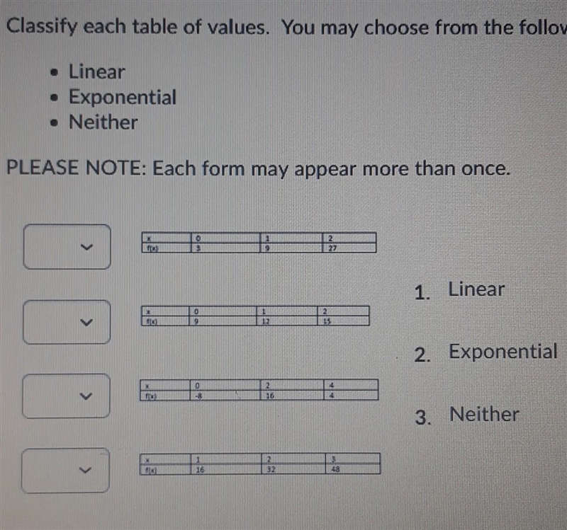 Classify each table of values. You may choose from the following-example-1