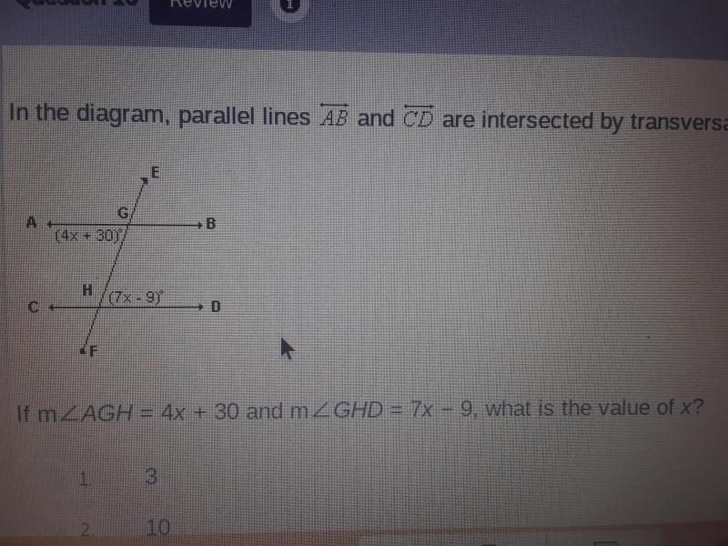 E (47 +30) (77-97 If m ZAGH = 4x + 30 and mZGHD = 7x - 9. what is the value of x?-example-1