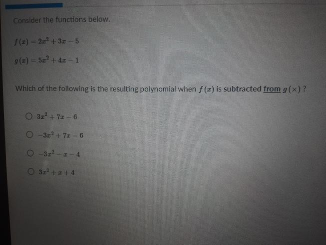 Which of the following is the resulting polynomial when f(x) is subtracted g (x)?-example-1