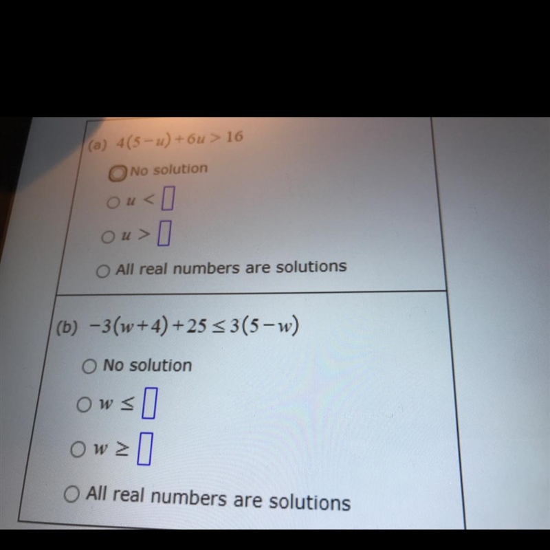 For each inequality chose the statement that describes its solution if applicable-example-1