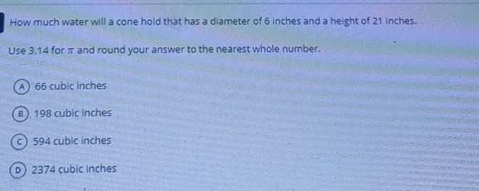 How much water will a cone hold that has a diameter of 6 inches and a height of 21 inches-example-1