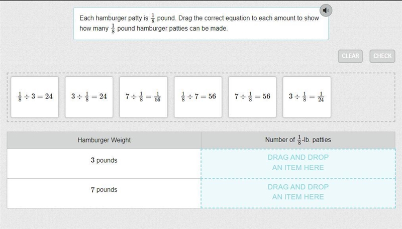 Each hamburger patty is 1/8 pound. Drag the correct equation to each amount to show-example-1