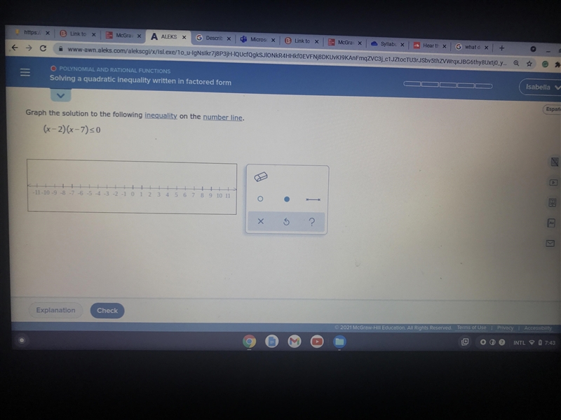 Graph the solution to the following inequality on the number line.(x - 2)(x-7)=0-example-2