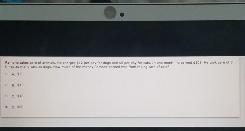 ramone takes care of animals. he charges $12 per day for dogs and $5 per day for cats-example-1