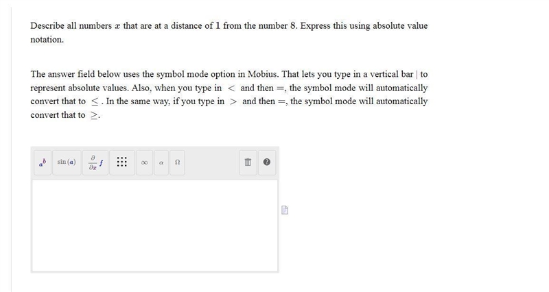 Describe all numbers x that are at a distance of 1 from the number 8 . Express this-example-1