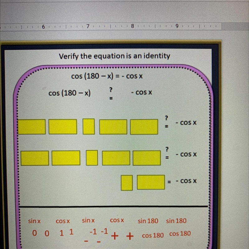 Verify the equation is an identity cos (180 - x) = - cos x Show Work plzzz!!!-example-1