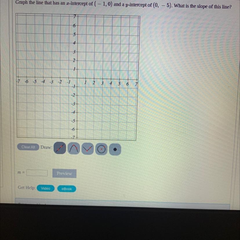 Graph the line that has an x-intercept of (-1,0) and a y-intercept of (0,5). What-example-1