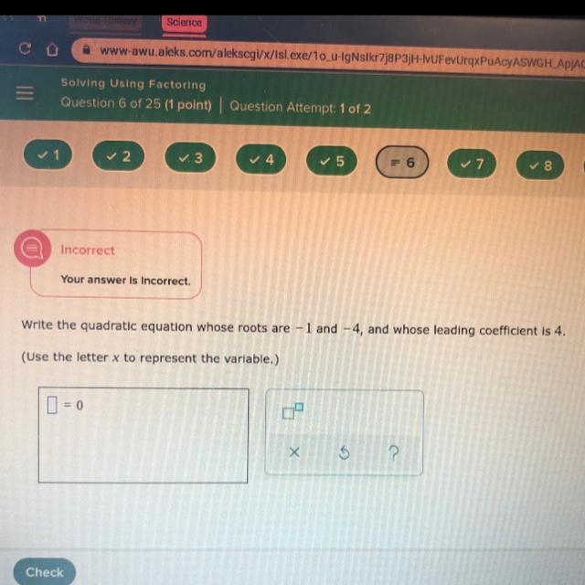 Write the quadratic equation whose roots are -1 and -4, and whose leading coefficient-example-1