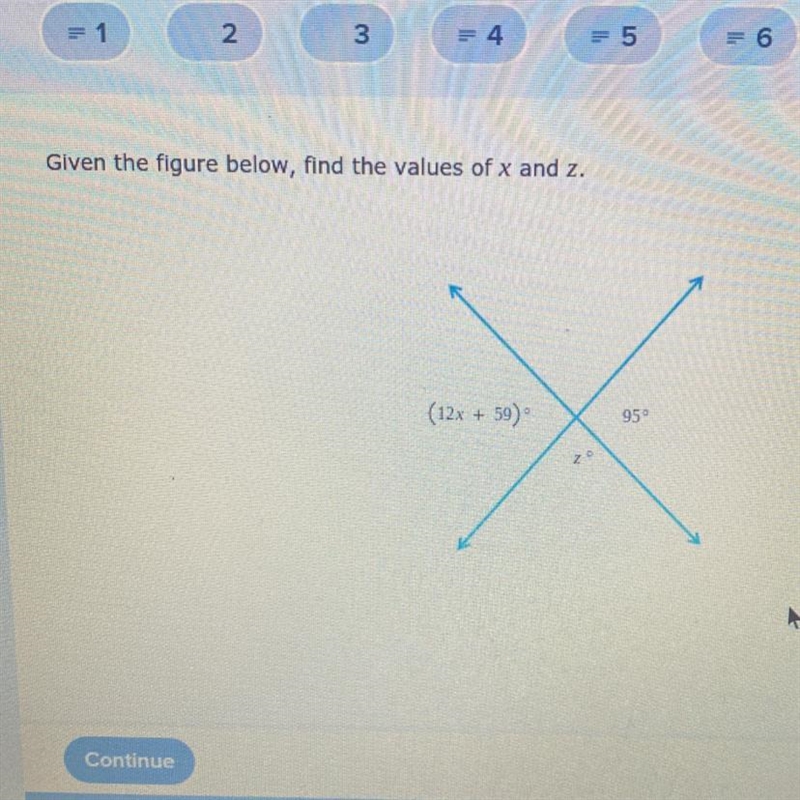 Given the figure below, find the values of x and z.(12x + 59)95°20-example-1