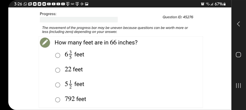 How many feet are in 66 inches ?6 3/5 ft5 1/2 ft 792 ft22 ft-example-1