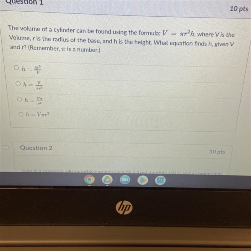 The volume of a cylinder can be found using the formula: VTp2h, where V is theVolume-example-1