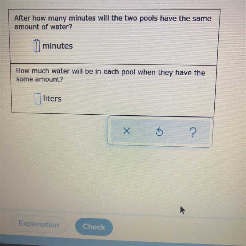 Two pools are being filled with water. To start, the first pool contains 1150 liters-example-1