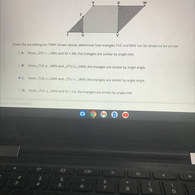 Given the parallelogram TVWY shown above, determine how triangles TUZ and WXV can-example-1