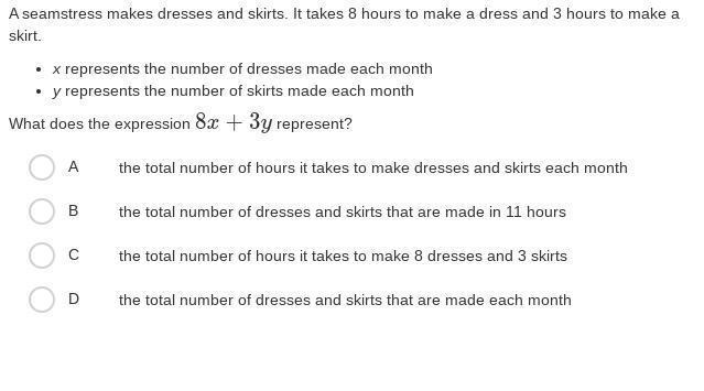 A seamstress makes dresses and skirts. It takes 8 hours to make a dress and 3 hours-example-1