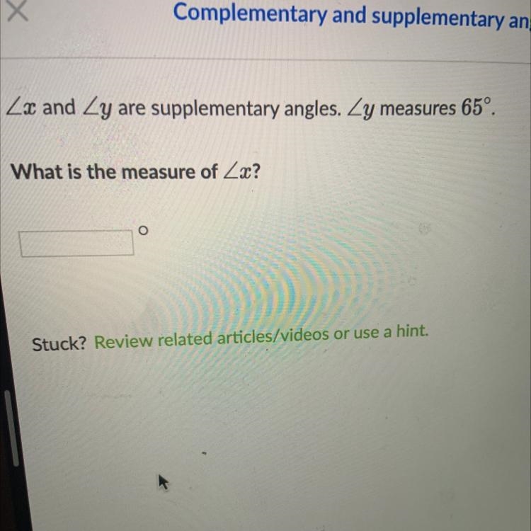 Zx and Zy are supplementary angles. Zy measures 65º.What is the measure of Zx?-example-1