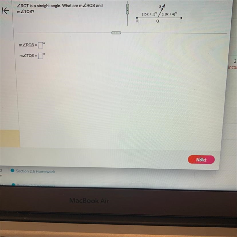 K ZRQT is a straight angle. What are mZRQS and mZTQS? mZRQS= mZTQS= ICCEID R 30% / (15x-example-1