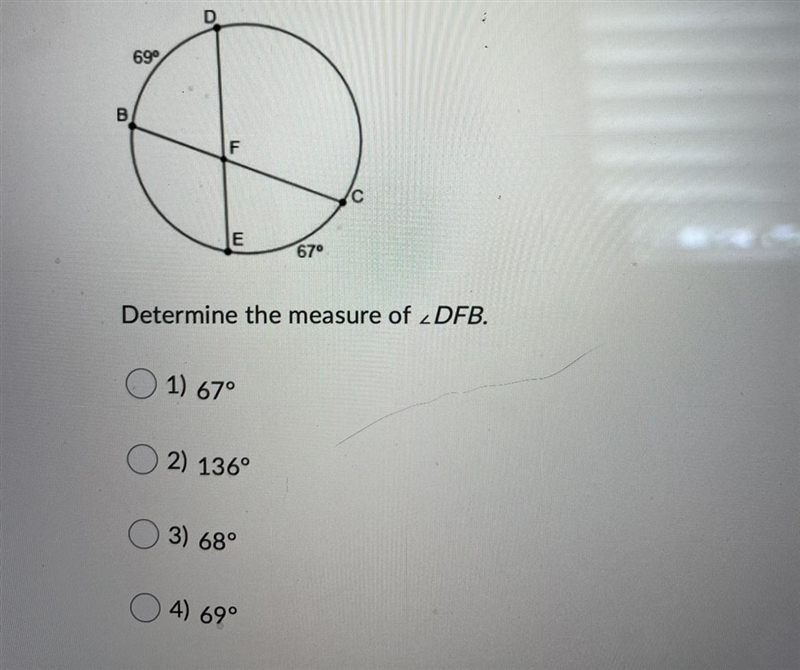 Determine the measure of ∠DFB.Question options:1) 67°2) 136°3) 68°4) 69°-example-1