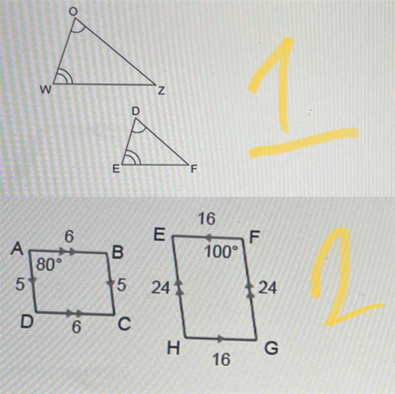 Graphs are marked for each question 1- The two triangles shown are similar. Which-example-1