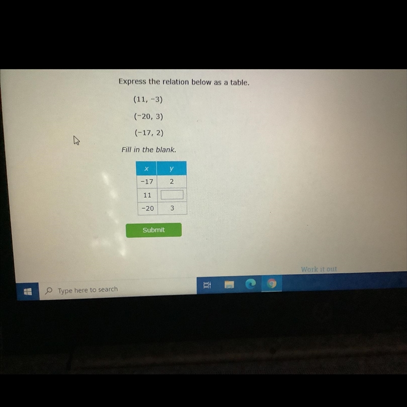 Express the relation below as a table. I’m confused some help would be nice-example-1