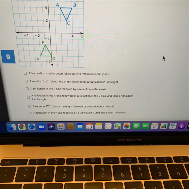 Identify each congruence transformation that maps triangle ABC to triangle DEF-example-1