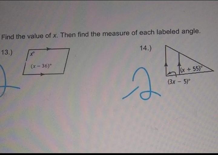 Find the value of x. Then find the measure of each labeled angle. don't mind the -2's-example-1