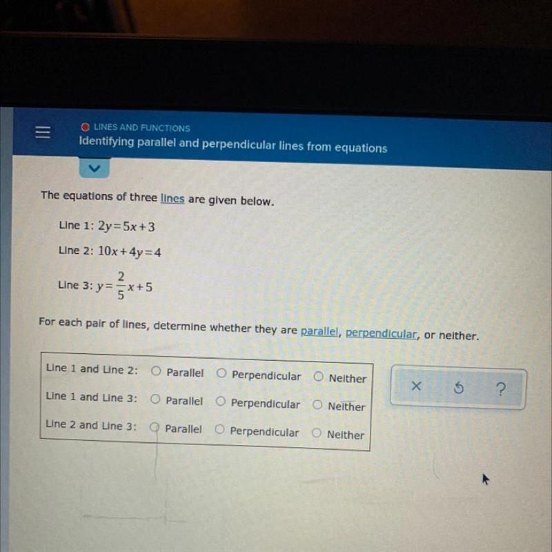 Identifying parallel and perpendicular lines from equationsThe equations of three-example-1