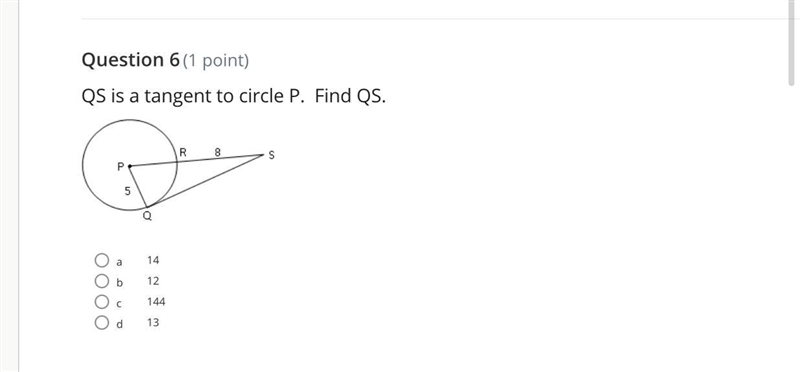 Question 6(1 point) QS is a tangent to circle P. Find QS.-example-1