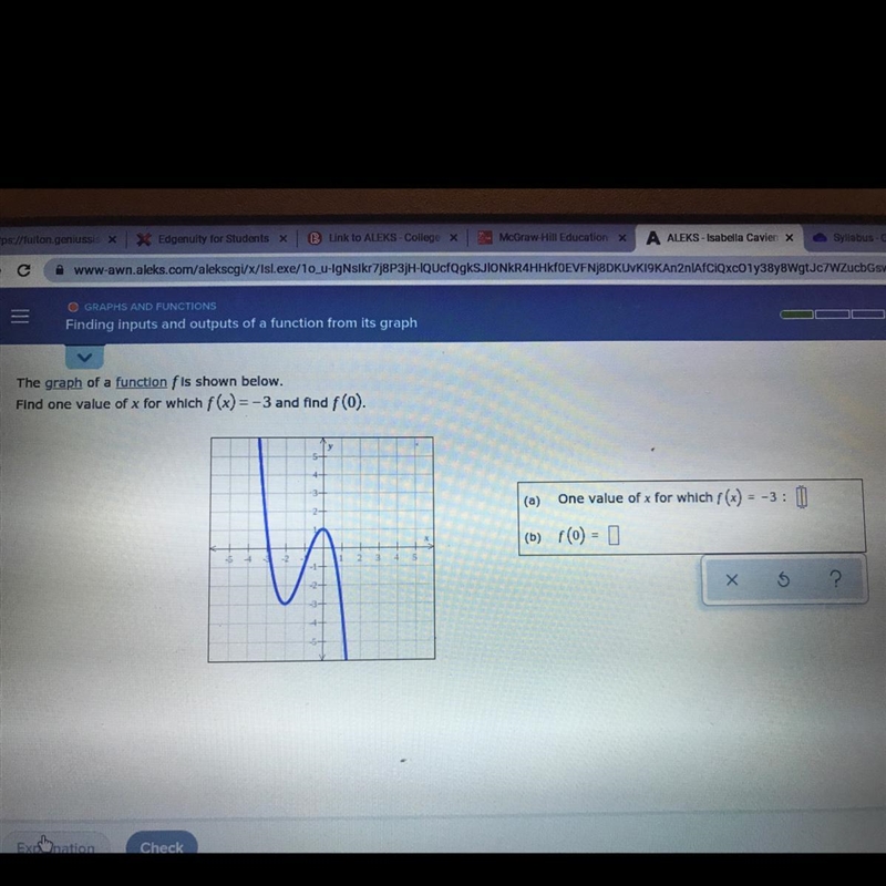 The graph of a function f is shown below.Find one value of x for which f(x)=-3 and-example-1