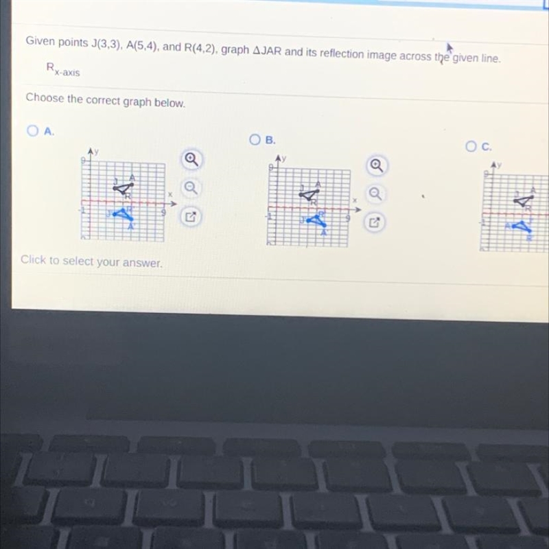 Given points J(3,3), A(5.4), and R(4,2), graph ofAJAR and its reflection image across-example-1