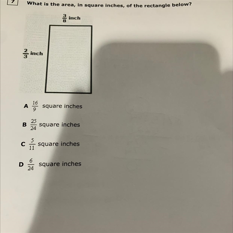 What is the area, in square inches, of the rectangle below? 3/8 inch 2/3 inch Answer-example-1