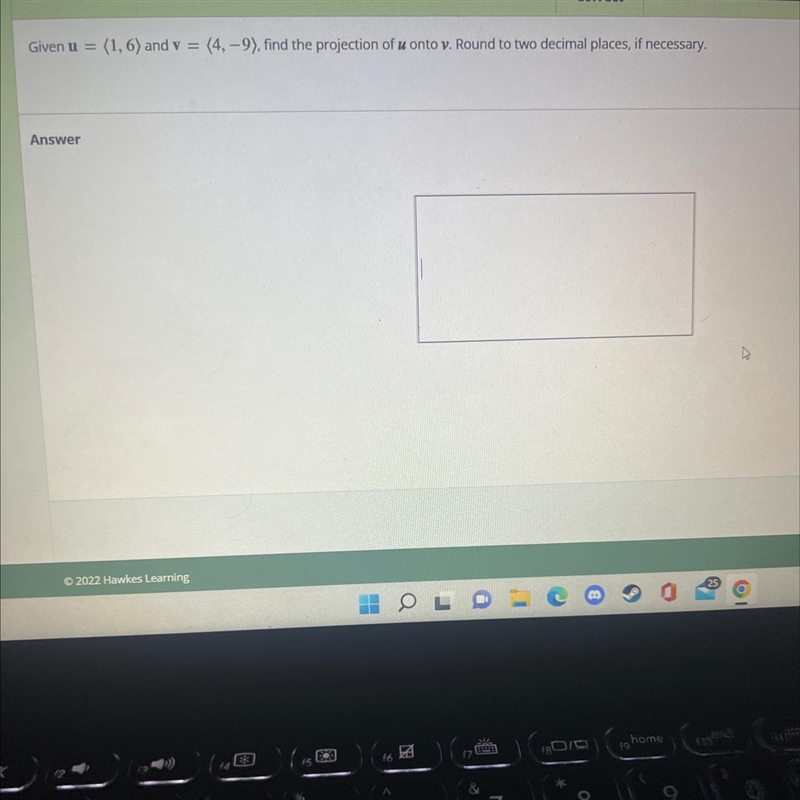 Given u = (1, 6) and y = (4, -9), find the projection of u onto v. Round to two decimal-example-1