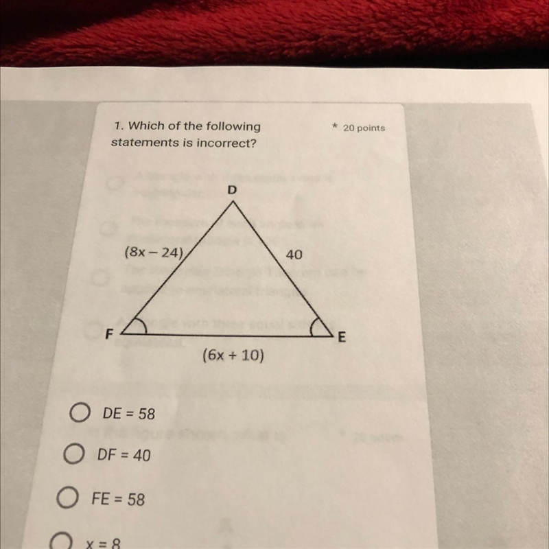 O DE = 58 ODF = 40 OFE = 58 Ox=8 (6x +1-example-1