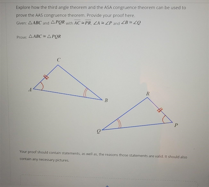 ASAP PLEASE: Explore how the third angle theorem and the ASA congruence theorem can-example-1