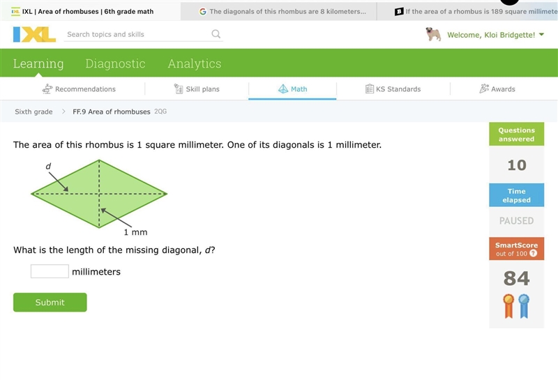 The area of this rhombus is 1 square millimeter. One of its diagonals is 1 millimeter-example-1