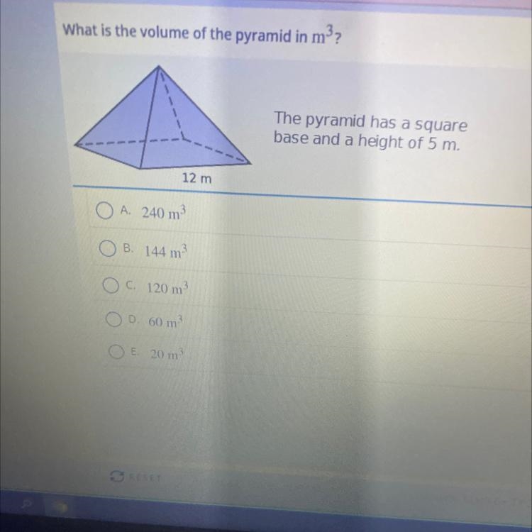 What is the volume of the pyramid in m3?The pyramid has a squarebase and a height-example-1