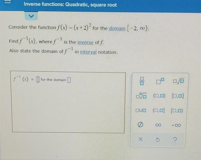 Consider the function f(x)=(x+2)^2 for the Domain [-2, +infinity). find f^-1(x), where-example-1