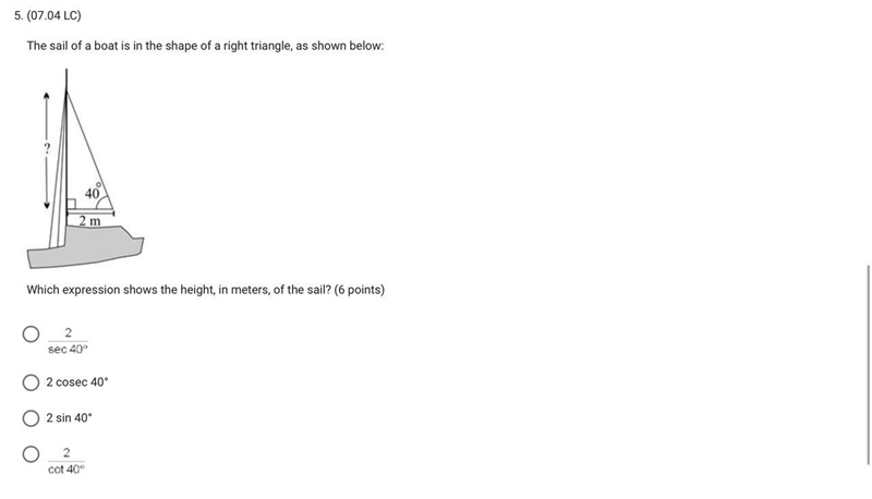 Which expression shows the height, in meters, of the sail?-example-1