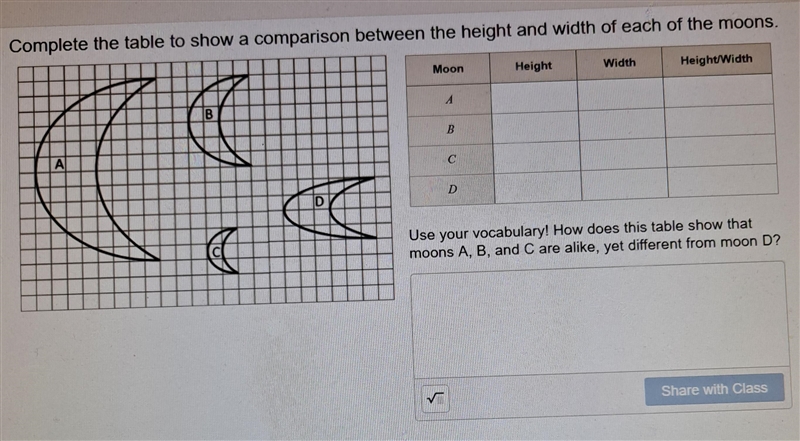 Complete the table to show a comparison between the height and width of each of the-example-1