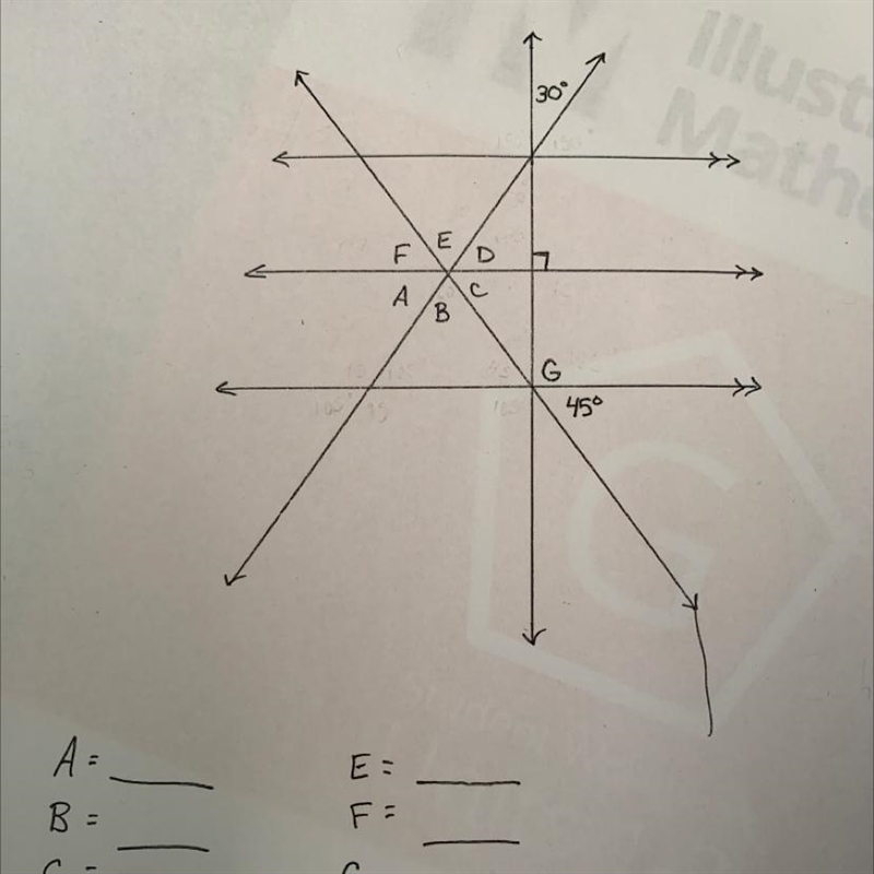 Fin the measurement of the angle A= B= C= D= E= F= G= 45°-example-1