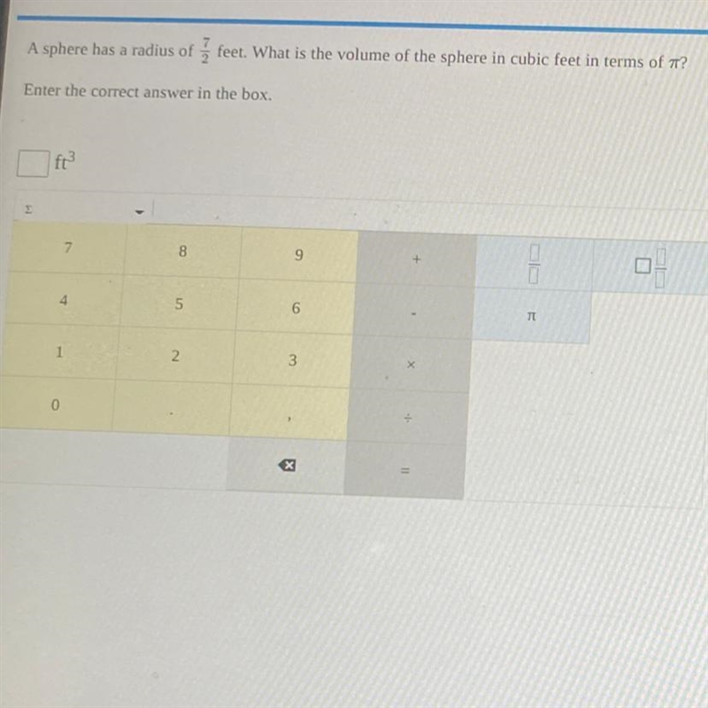 A sphere has a radius of 7/2 feet. What is the volume of the sphere in cubic feet-example-1