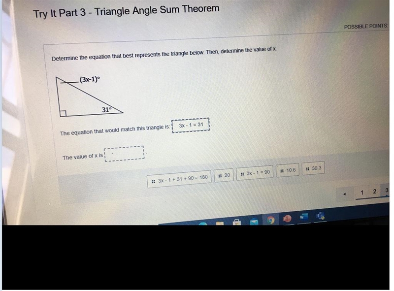 Determine the equation that best represents the triangle(3x-1)31°The equation that-example-1