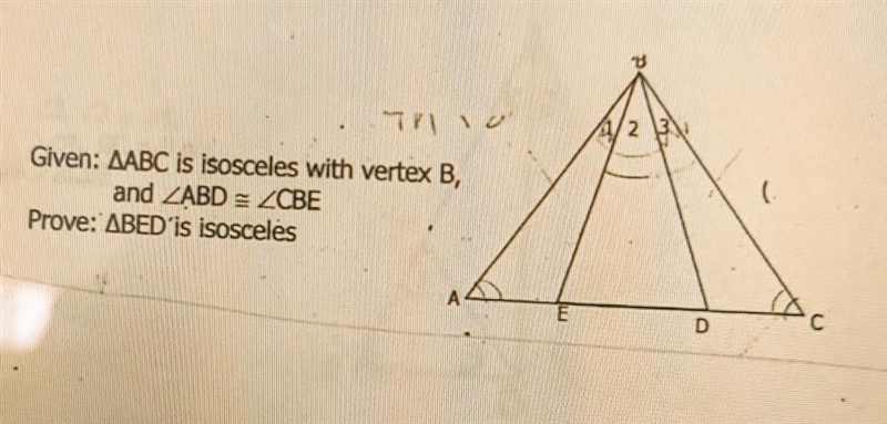 Given: triangle ABC is isosceles with vertex B, angle ABD is congruent to angle CBEProve-example-1