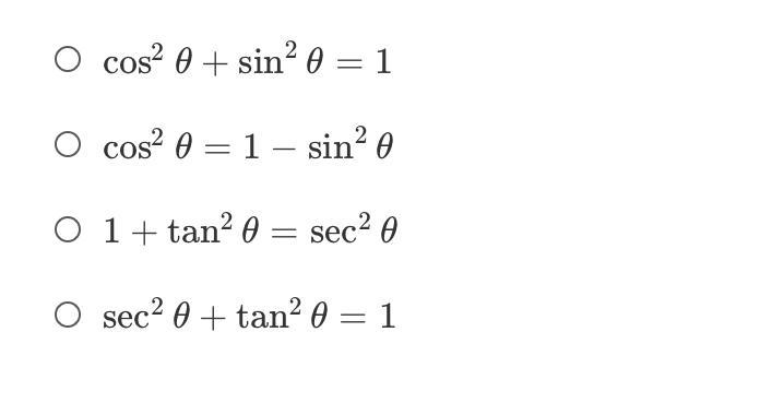 Which of the following is NOT a valid Pythagorean identity?cos2θ+sin2θ=1cosine squared-example-1